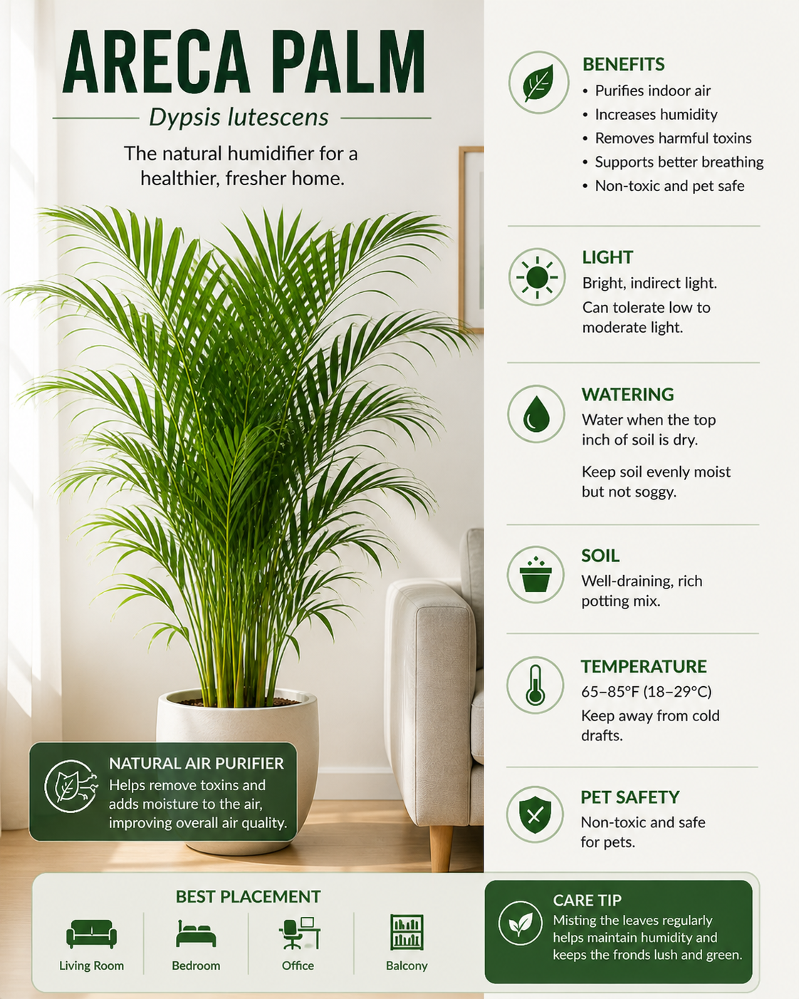 Areca Palm indoor plant with feathery green fronds, valued for humidity support and natural air purification.
