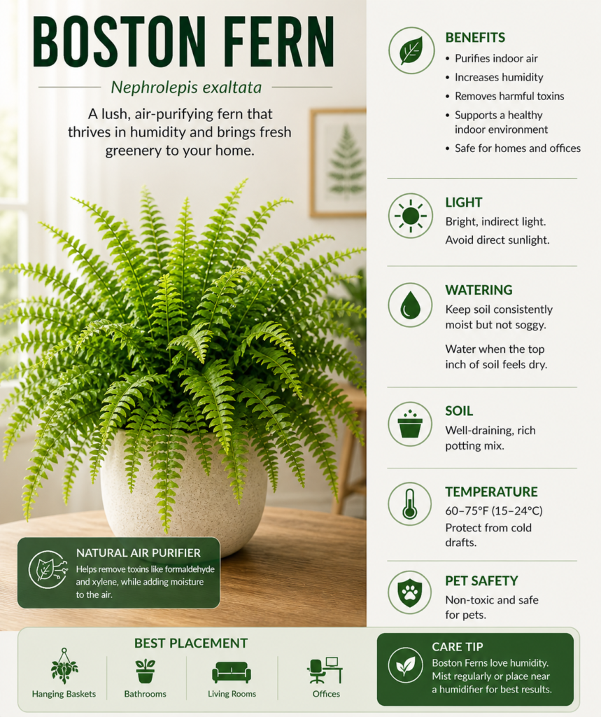 Boston Fern indoor plant with lush green fronds, ideal for humidity support and natural dust trapping indoors.
