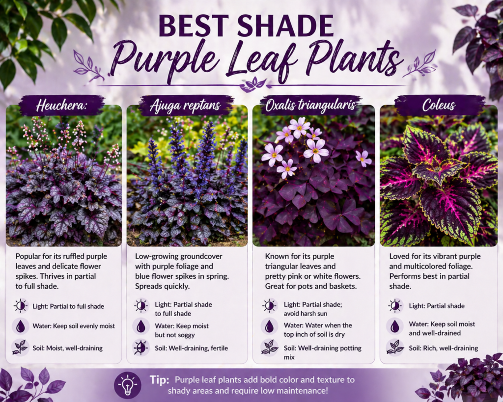 Best shade purple leaf plants like Heuchera, Ajuga, Oxalis, and Coleus for vibrant shaded gardens.
