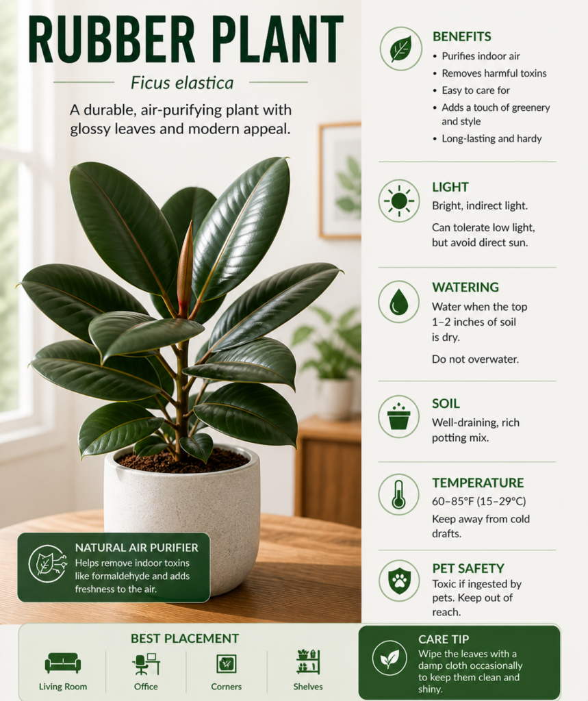 Rubber Plant with broad glossy leaves, valued for indoor air support and natural dust collection.
