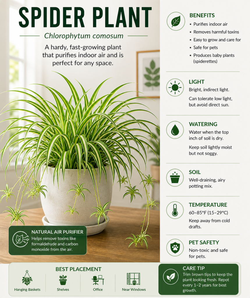 Spider Plant with arching green-and-white leaves, a pet-friendly indoor plant known for easy care and air support.
