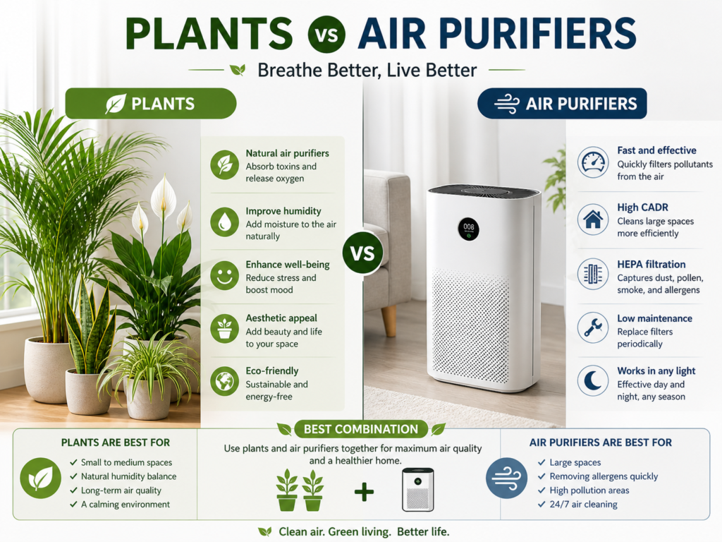 Comparison of indoor plants and air purifiers showing natural humidity support versus mechanical air filtration benefits.
