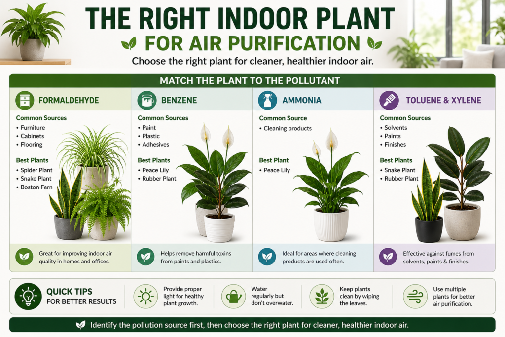 Guide to choosing the right indoor plant for air purification based on room conditions, light, and pollutant type.
