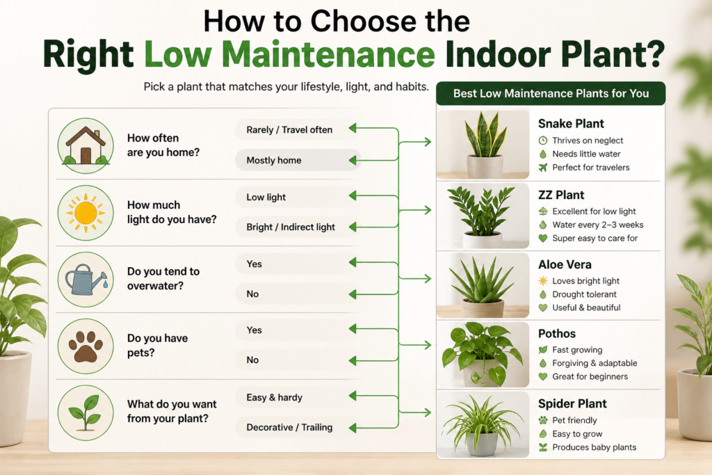 Guide showing how to choose the right low-maintenance indoor plant based on light, watering habits, travel, and space.
