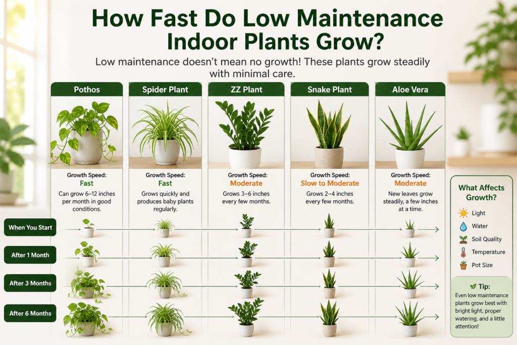 Growth comparison of low-maintenance indoor plants showing fast, moderate, and slow-growing houseplants like pothos, spider plant, snake plant, ZZ plant, and aloe vera.
