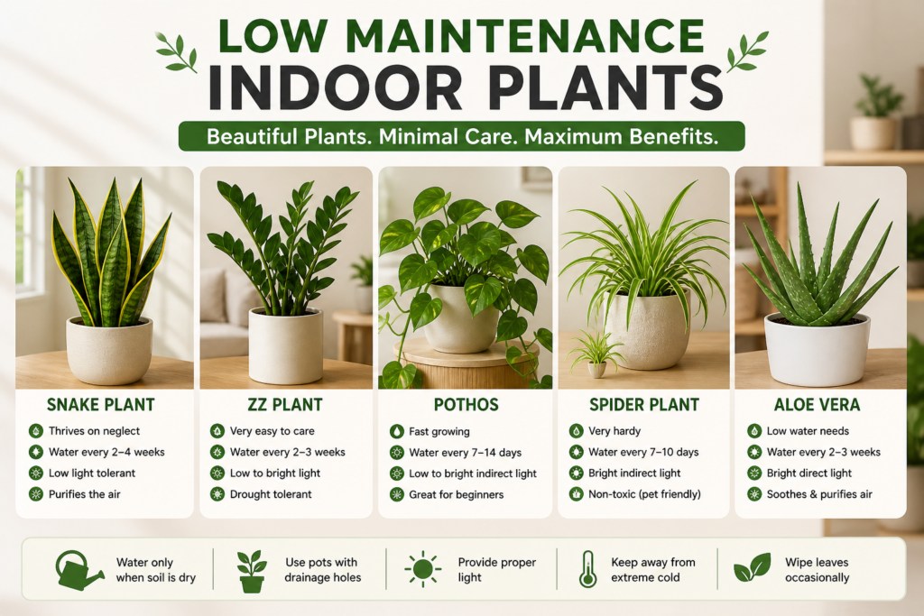 Low-maintenance indoor plants including snake plant, ZZ plant, pothos, spider plant, and aloe vera with simple care tips for easy houseplant care.
