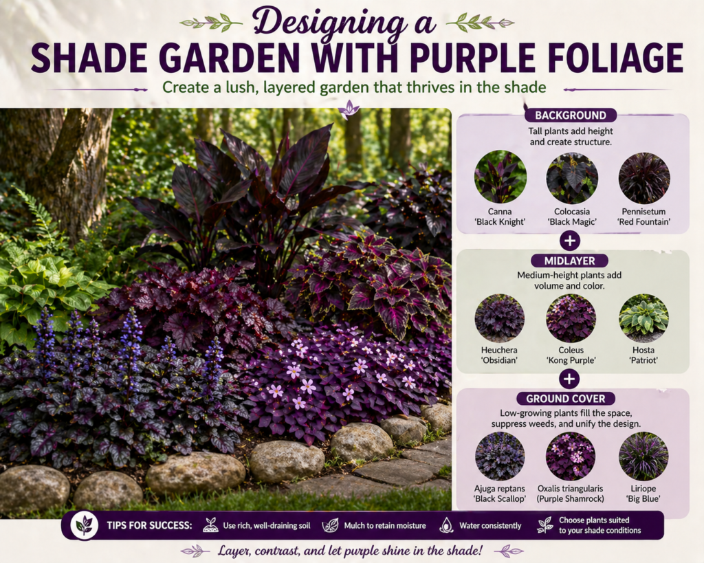 Layered shade garden with purple foliage in background, midlayer, and ground cover for depth and color.
