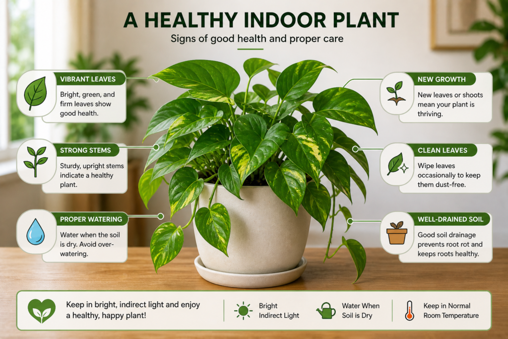 Healthy indoor plant with vibrant green leaves, strong stems, and proper care conditions like good light, watering, and drainage.
