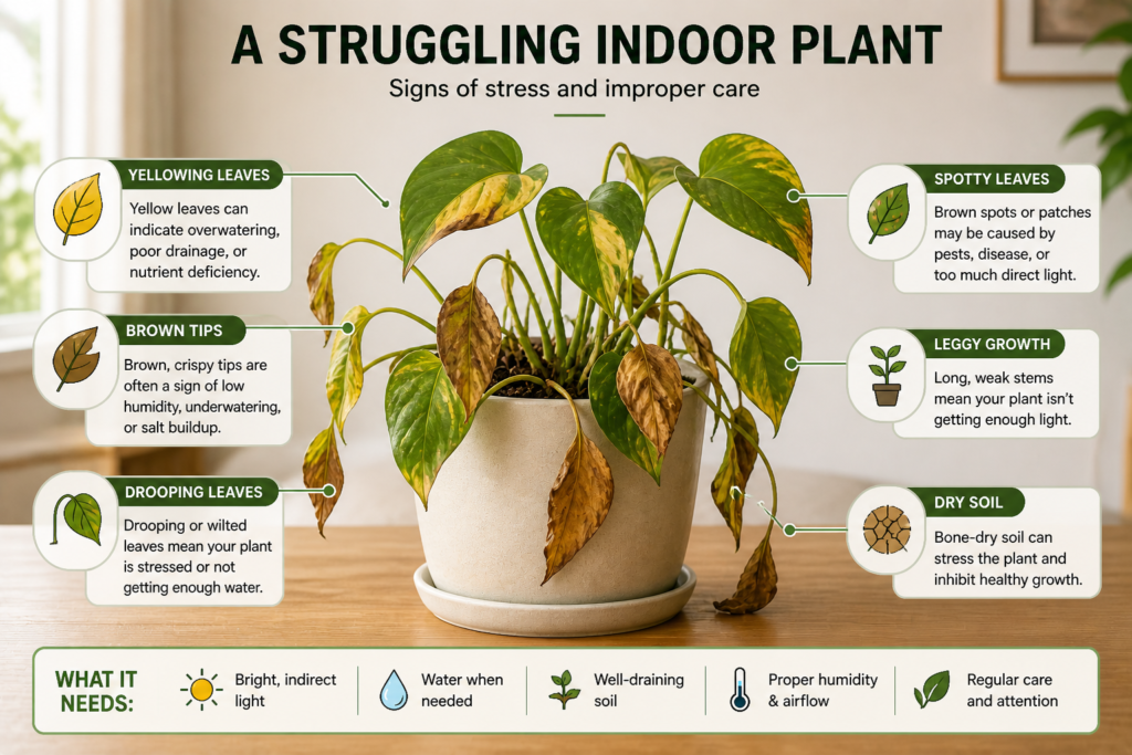 Struggling indoor plant showing yellow leaves, drooping stems, dry soil, and signs of stress from poor care conditions.
