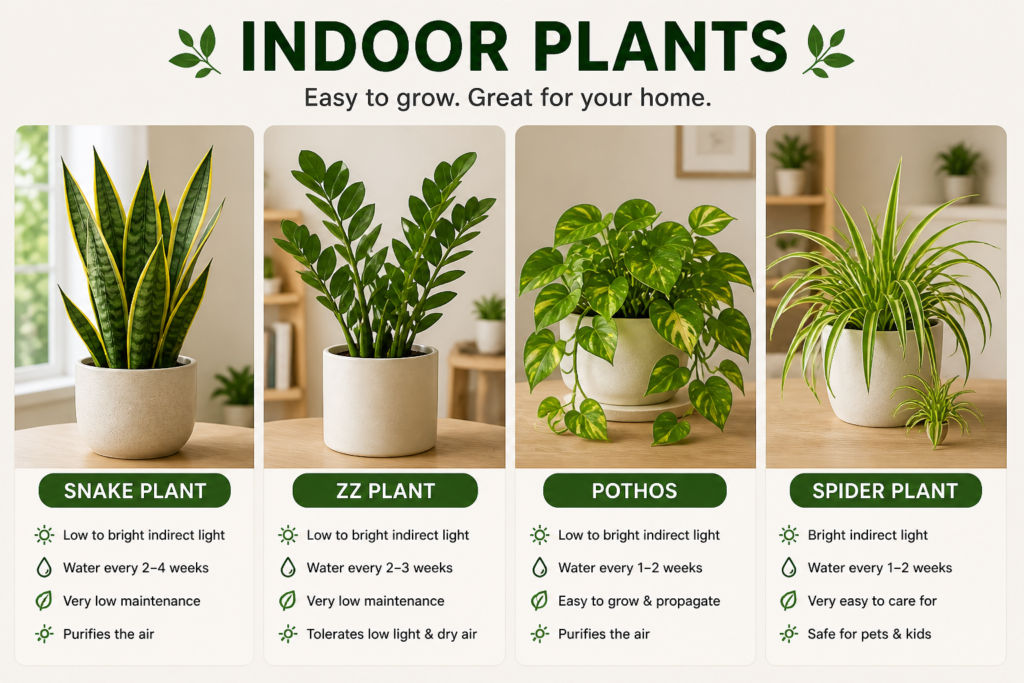 Indoor plants including snake plant, ZZ plant, pothos, and spider plant displayed as easy-care houseplants for low-maintenance indoor gardening.

