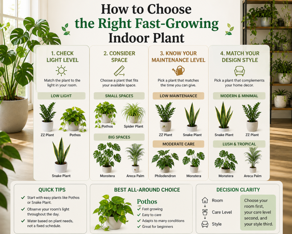 Choosing the right fast-growing indoor plant based on light, space, and care needs for a healthy indoor setup.
