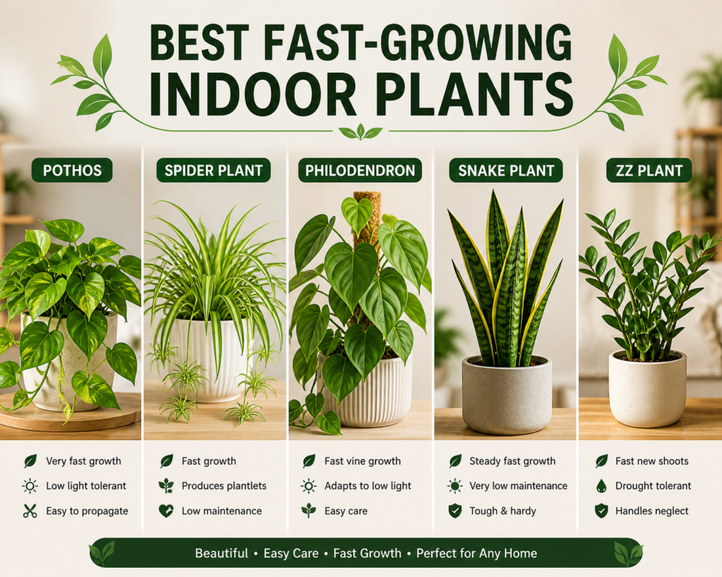 Best fast-growing indoor plants including pothos, spider plant, philodendron, snake plant, and ZZ plant displayed for easy indoor plant comparison.

