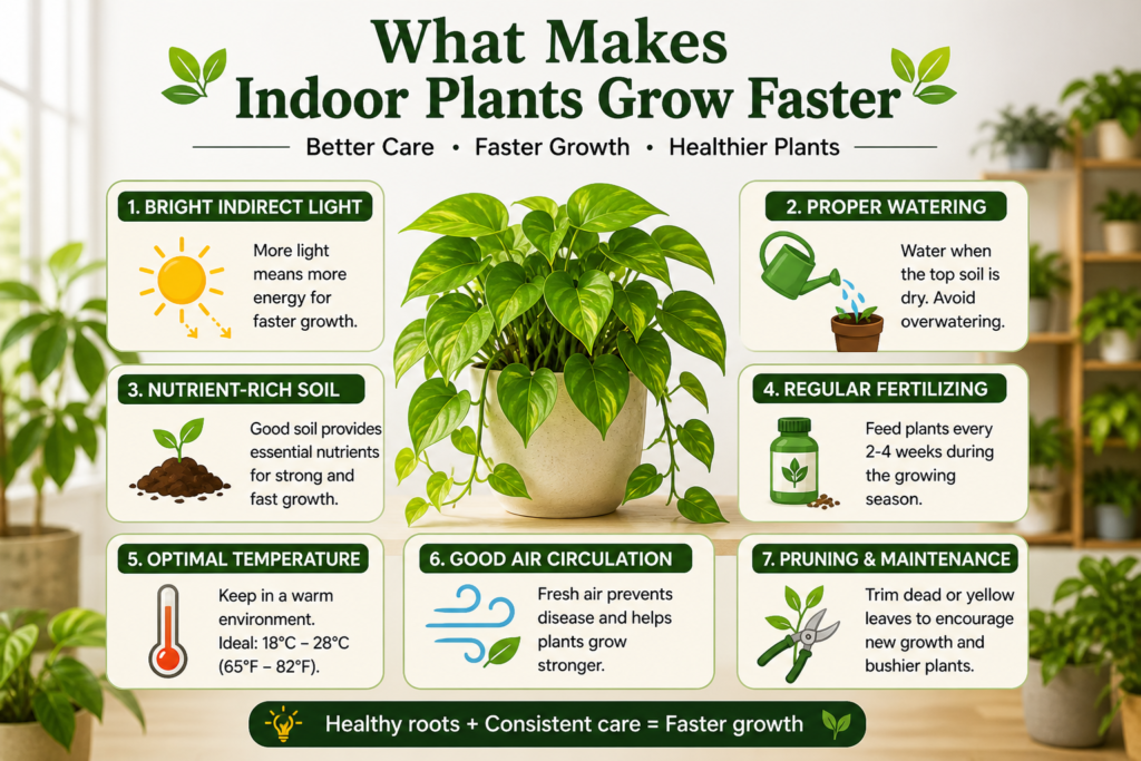 Indoor plant growth factors like light, water, soil, and nutrients helping plants grow faster and healthier indoors.
