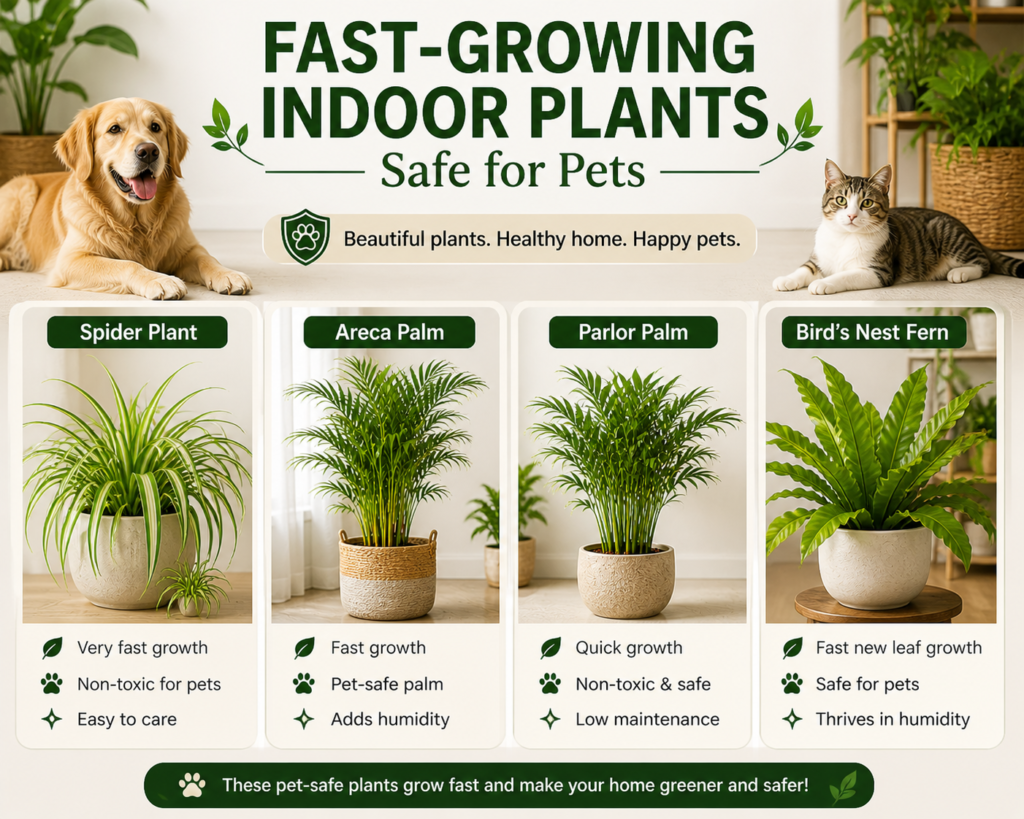 Pet-safe fast-growing indoor plants including spider plant, areca palm, parlor palm, and bird’s nest fern for safer indoor greenery.
