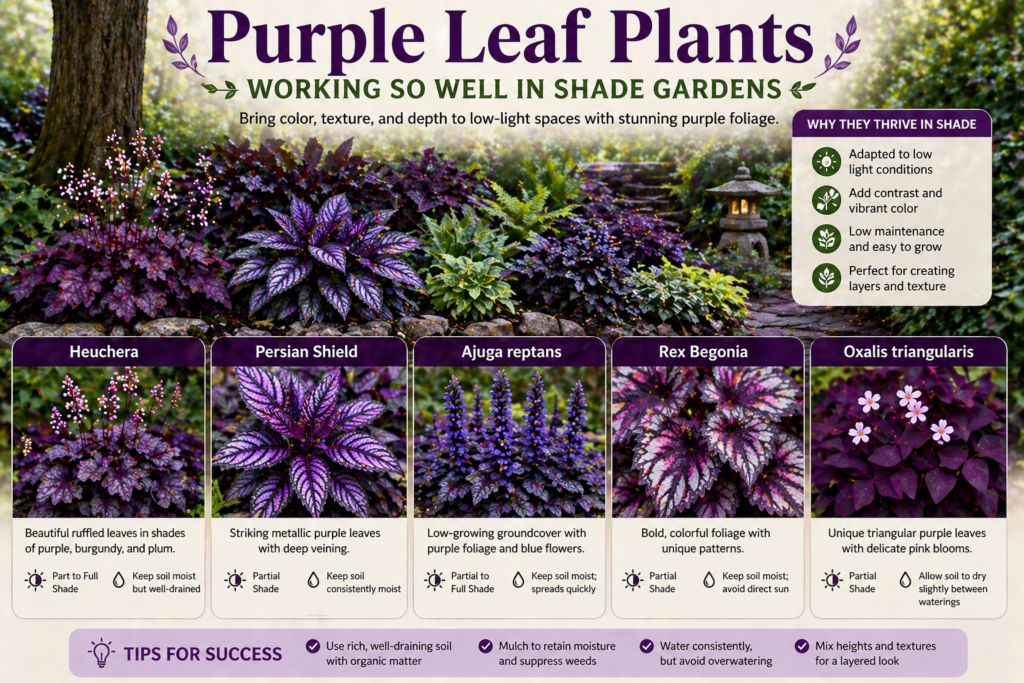 Purple leaf plants adding bold color and texture to shade gardens.

