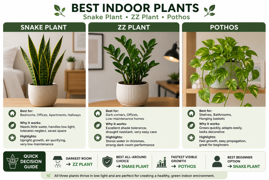 Comparison of three low-light indoor plants: Snake Plant, ZZ Plant, and Pothos, showing their growth style and best indoor uses.
