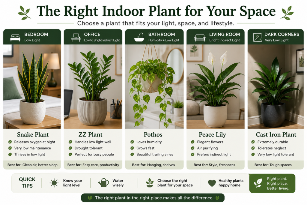 Indoor plant guide showing the best plant choices for bedrooms, offices, bathrooms, and low-light spaces based on room conditions.
