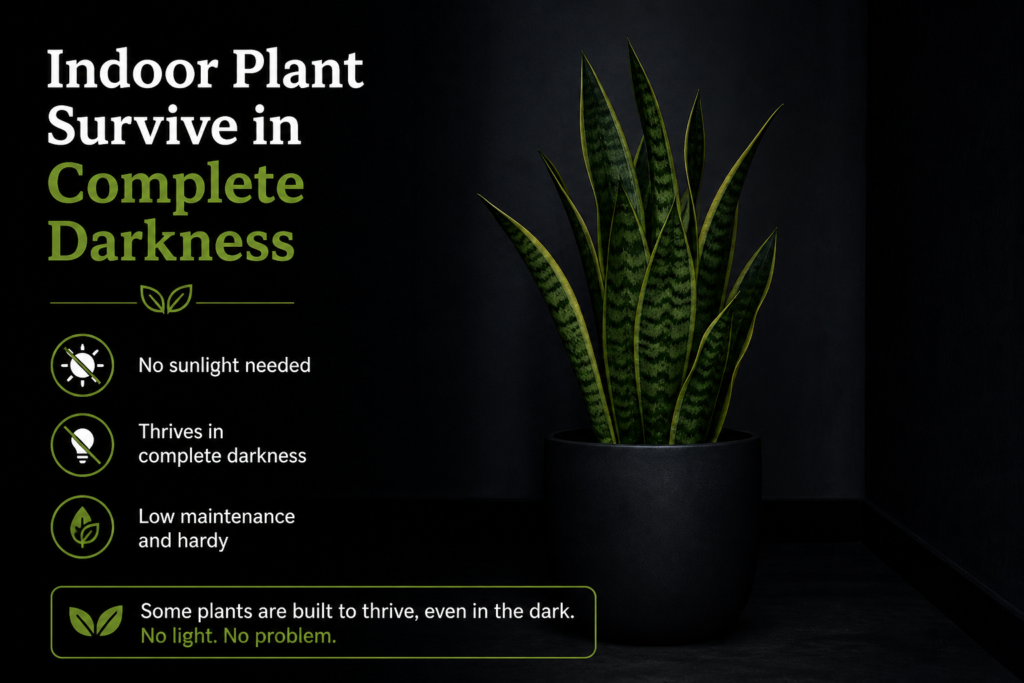 Indoor plant shown thriving in a dark room, illustrating low-light tolerance and survival in minimal light conditions.
