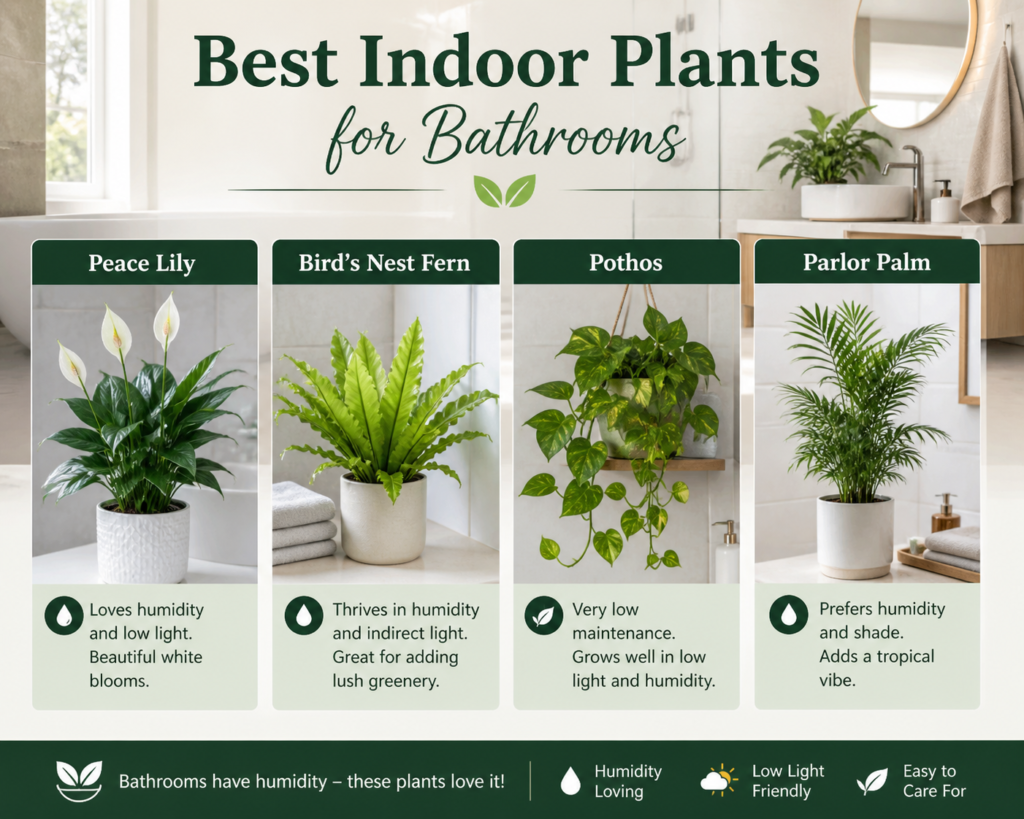 Bathroom-friendly indoor plants including Peace Lily, Bird’s Nest Fern, Pothos, and Parlor Palm arranged in a humid indoor setting.
