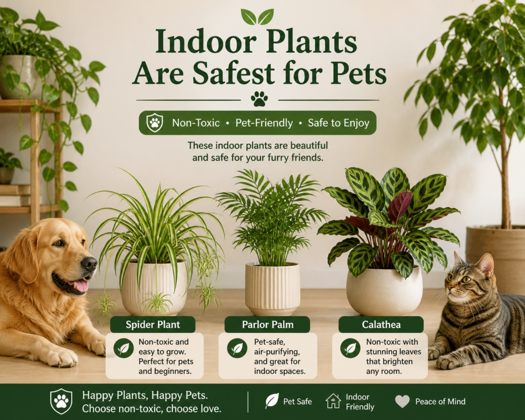 Pet-safe indoor plants including Spider Plant, Parlor Palm, and Calathea displayed in a home with a dog and cat.

