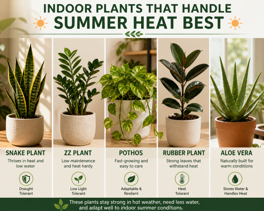 Indoor heat-tolerant houseplants including Snake Plant, ZZ Plant, Pothos, Rubber Plant, and Aloe Vera displayed as the best plants for summer conditions.
