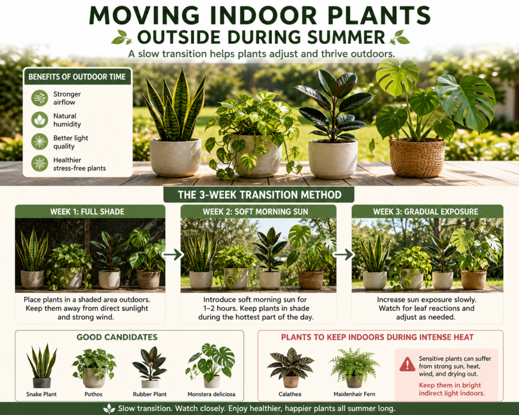Step-by-step guide showing how to move indoor plants outside in summer with gradual shade-to-sun transition for healthy adaptation.
