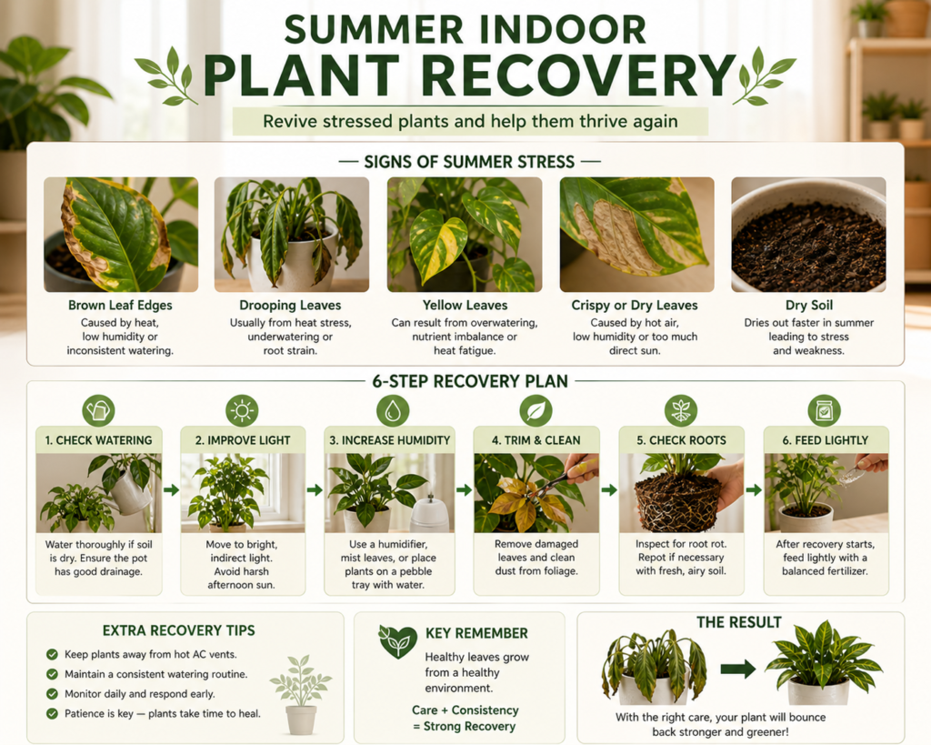 Indoor plant recovery guide showing signs of summer heat stress and step-by-step care to revive damaged houseplants.
