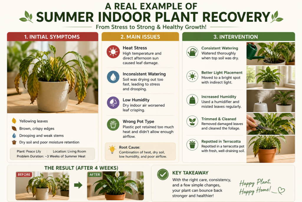 Real example of summer indoor plant recovery showing initial symptoms, main causes, and care steps used to restore healthy growth.
