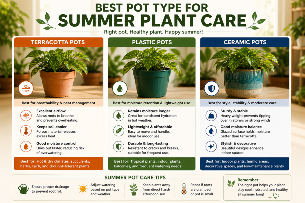Comparison chart of terracotta, plastic, and ceramic pots showing the best pot types for indoor plant care in summer.
