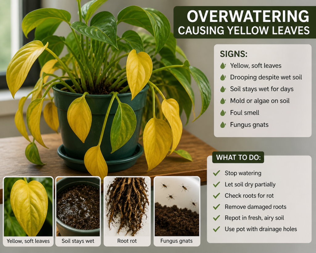 Indoor plant with yellow drooping leaves caused by overwatering, showing common symptoms like wet soil and root stress in a plant care guide.
