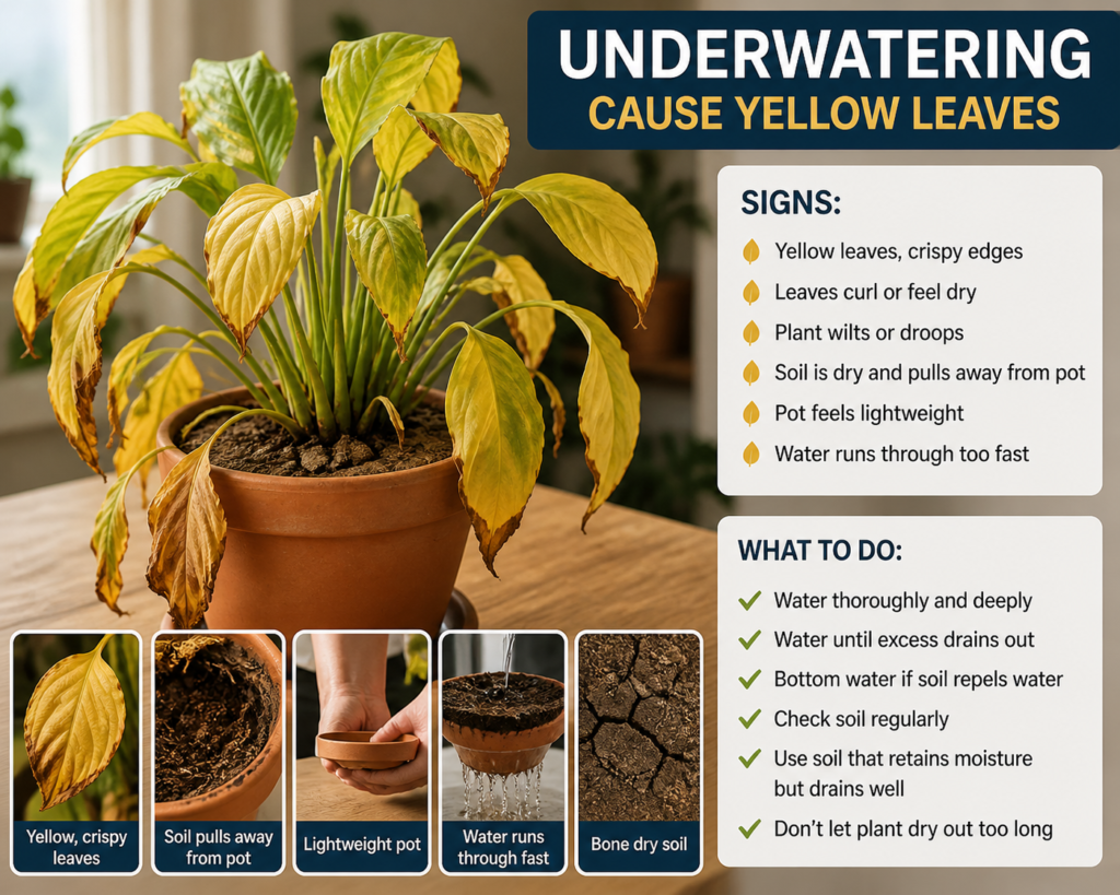 Indoor plant with yellow, dry, crispy leaves caused by underwatering, showing dehydration stress and dry soil conditions in a home plant care setting.
