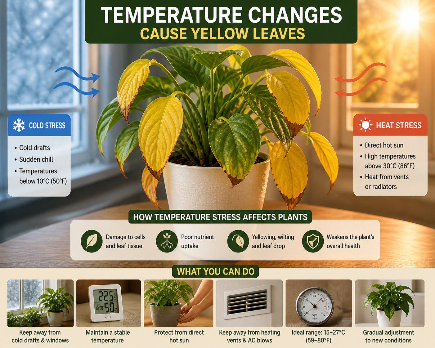 Indoor plant with yellowing leaves caused by temperature stress, showing damage from cold drafts and heat exposure in a home plant care setting.

