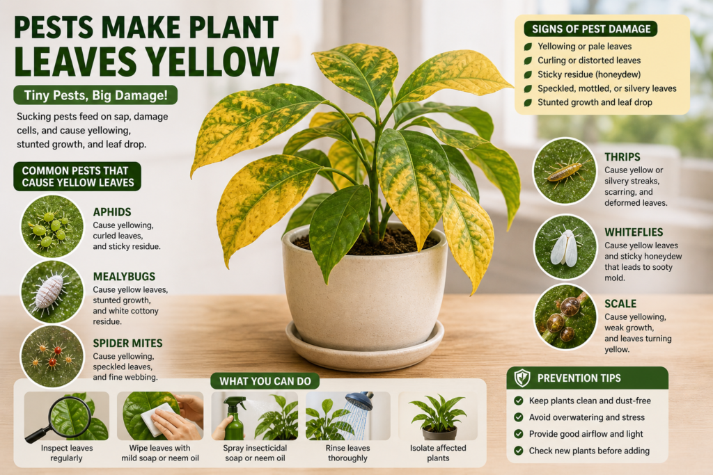 Indoor plant with yellowing leaves affected by common pests like spider mites and aphids, showing visible pest damage and leaf discoloration.
