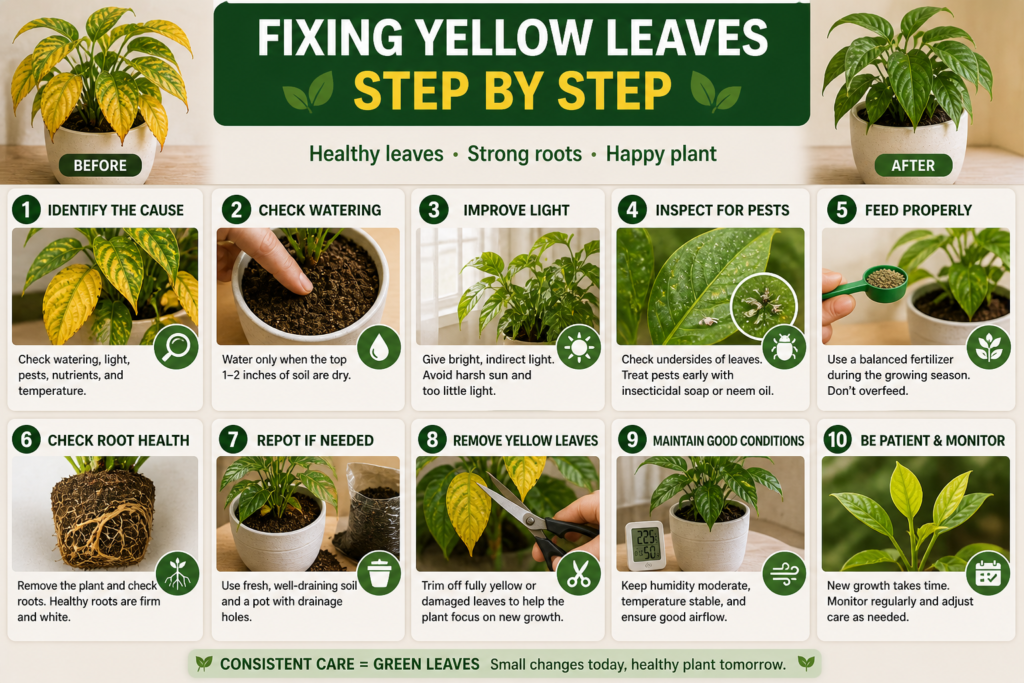 Step-by-step plant care guide showing how to diagnose and fix yellow leaves, including watering, root inspection, light adjustment, and pest control.
