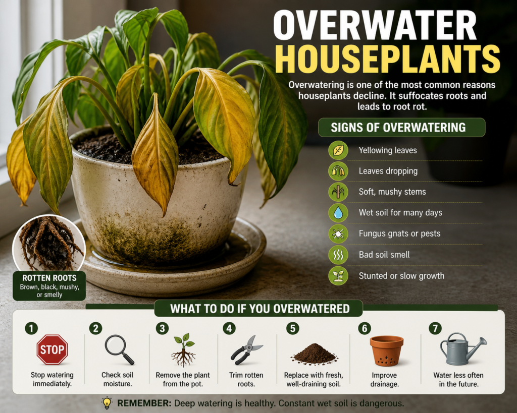 Overwatered houseplant with yellow drooping leaves and wet soil, showing common signs of root rot and overwatering damage.
