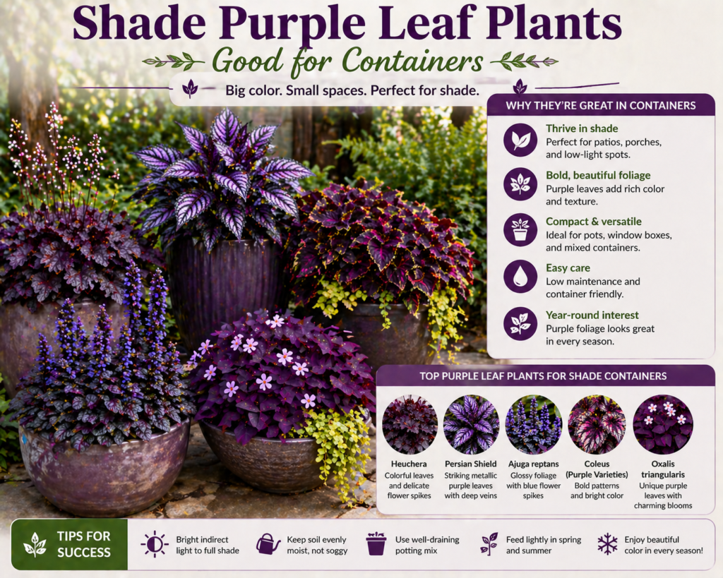 Shade purple leaf plants in containers, adding vibrant foliage to patios, porches, and shaded spaces.
