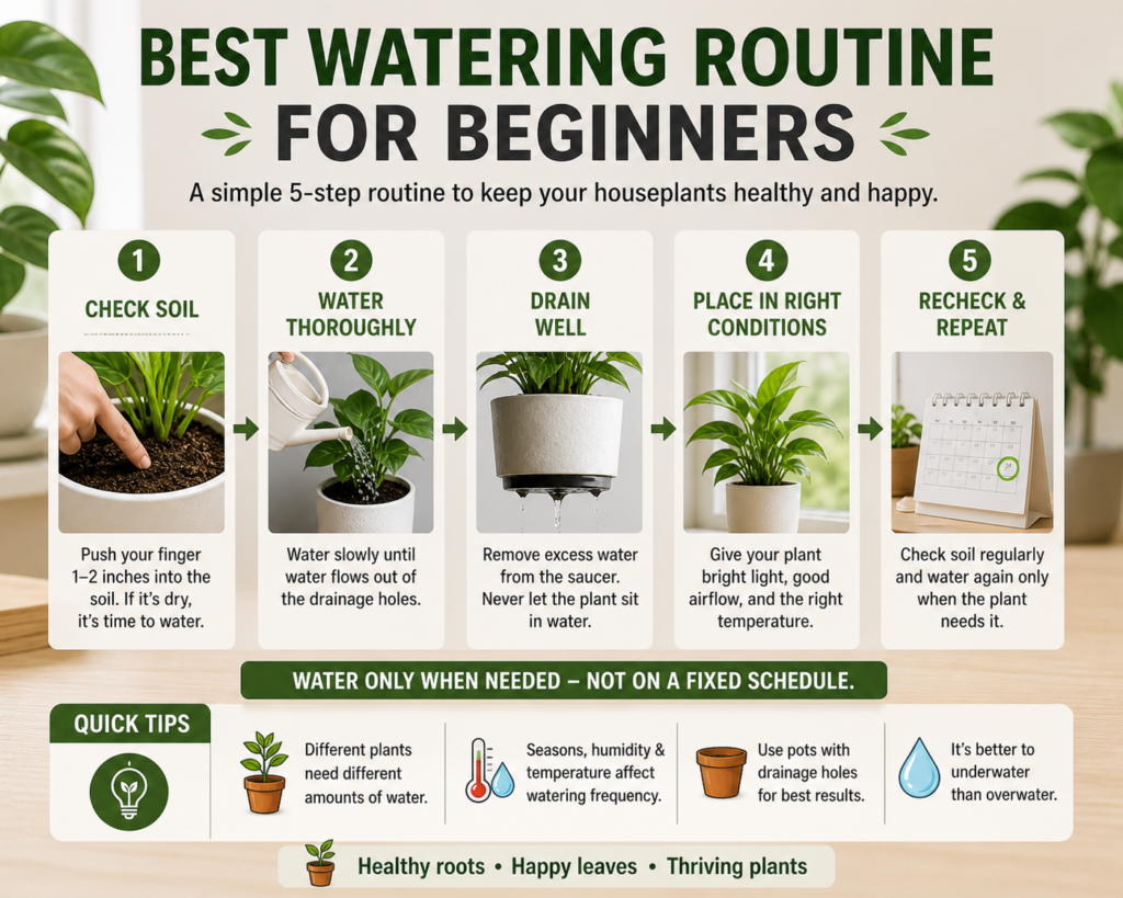 Beginner houseplant watering routine infographic showing soil checking, deep watering, drainage, and regular moisture monitoring for healthy plant care.
