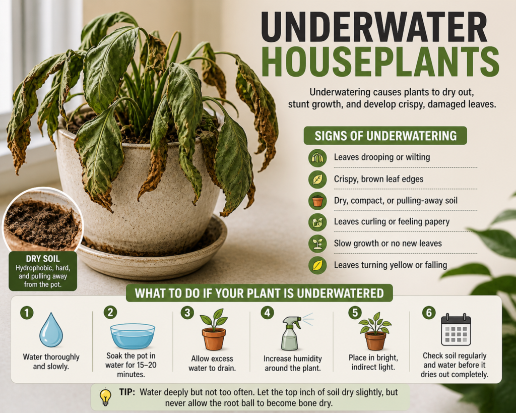 Dry, underwatered houseplant with drooping leaves and cracked soil, showing common signs of dehydration and moisture stress.
