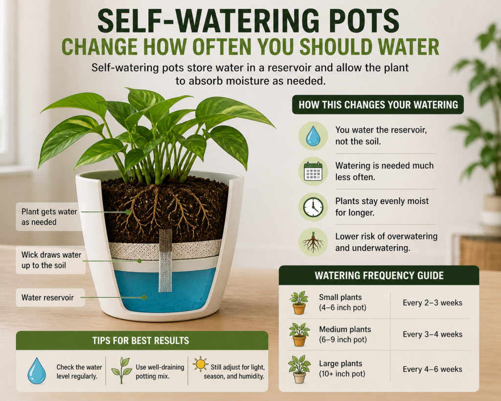 Self-watering pot system showing water reservoir and roots absorbing moisture gradually, helping reduce watering frequency for indoor plants.
