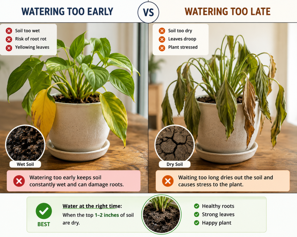 Comparison of watering too early vs too late showing overwatered and dehydrated plant conditions.
