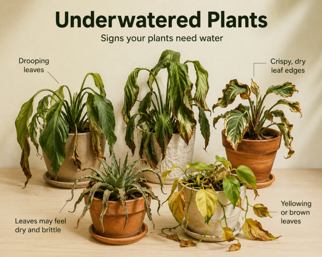 Underwatered houseplants with drooping, dry, and yellowing leaves showing dehydration signs.
