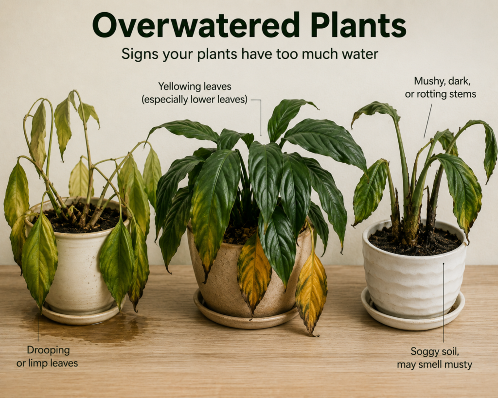 Overwatered plants with yellowing, drooping leaves and soggy soil signs.
