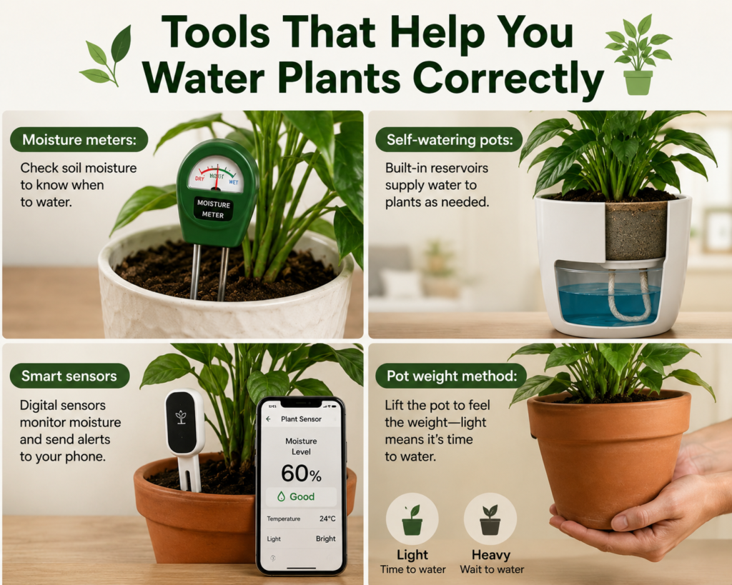 Plant watering tools including moisture meter, self-watering pot, smart sensor, and pot weight method.
