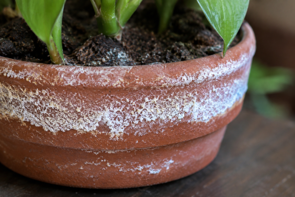 Salt buildup on a houseplant pot caused by mineral residue from watering.
