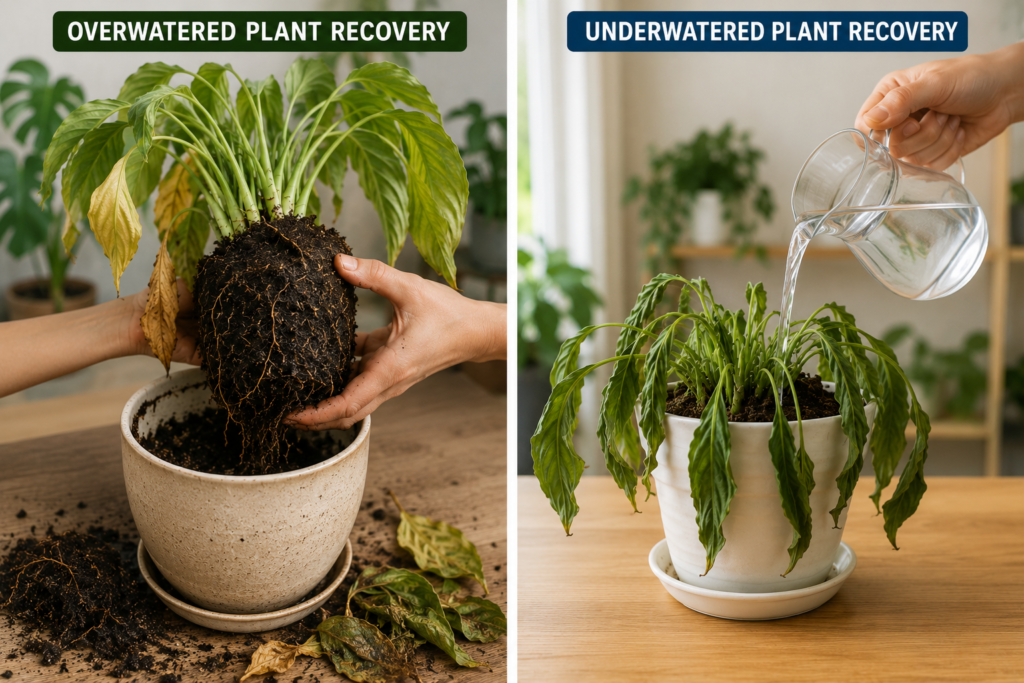 Overwatered and underwatered plant recovery comparison.
