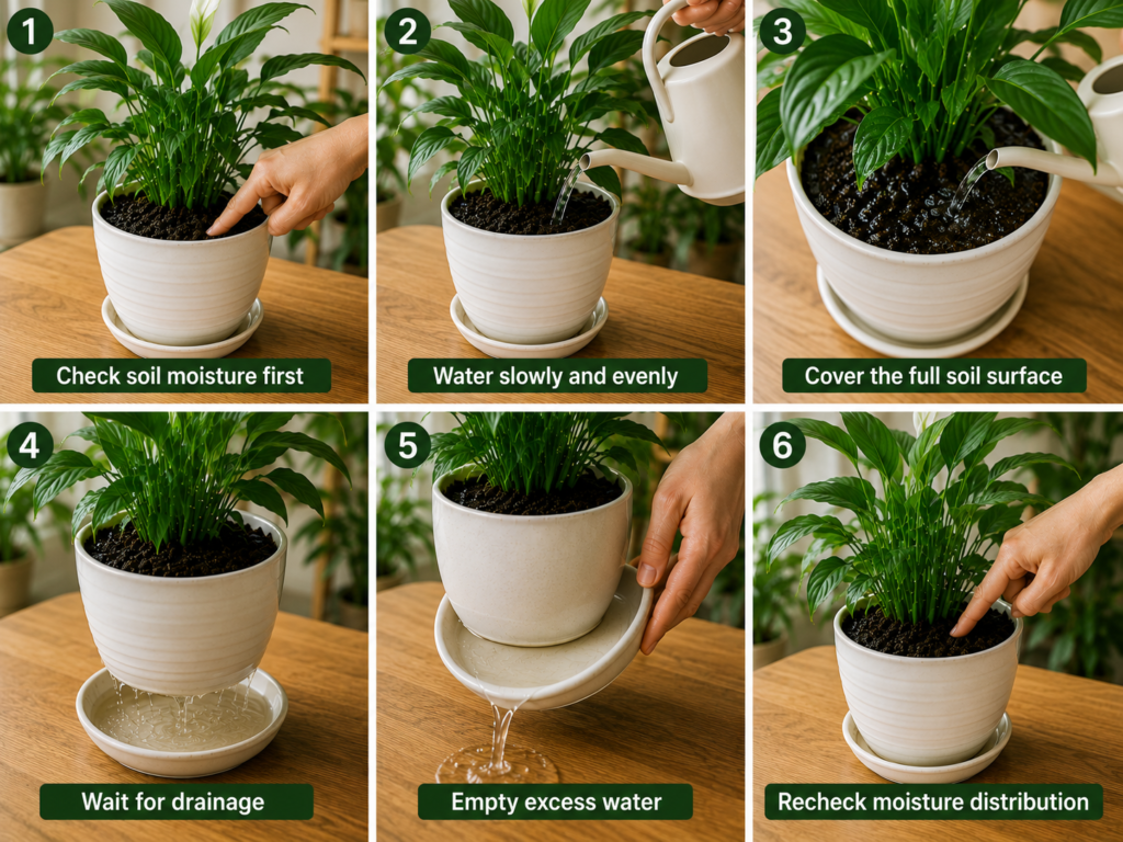 Step-by-step indoor plant watering guide.


