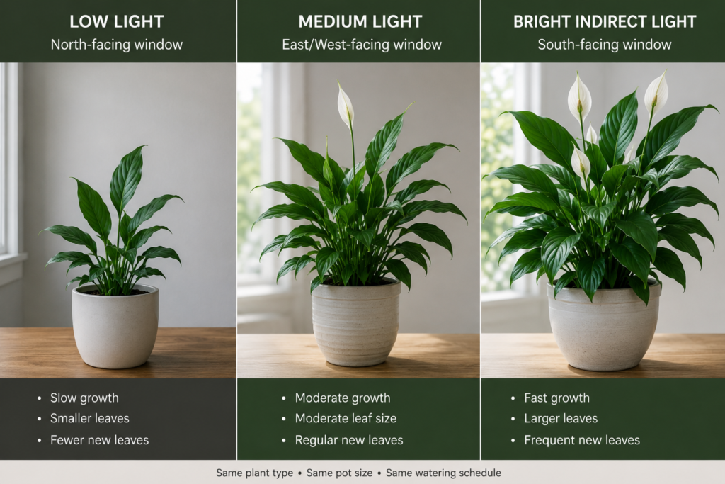 Indoor plant growth comparison in low, medium, and bright indirect light.
