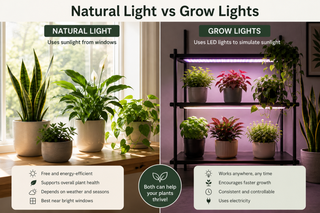 Natural light vs LED grow lights for indoor plants.
