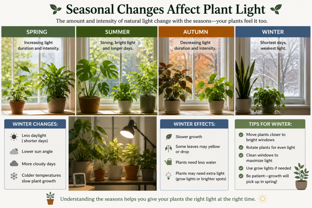 Seasonal light changes affecting indoor plant growth, especially in winter.
