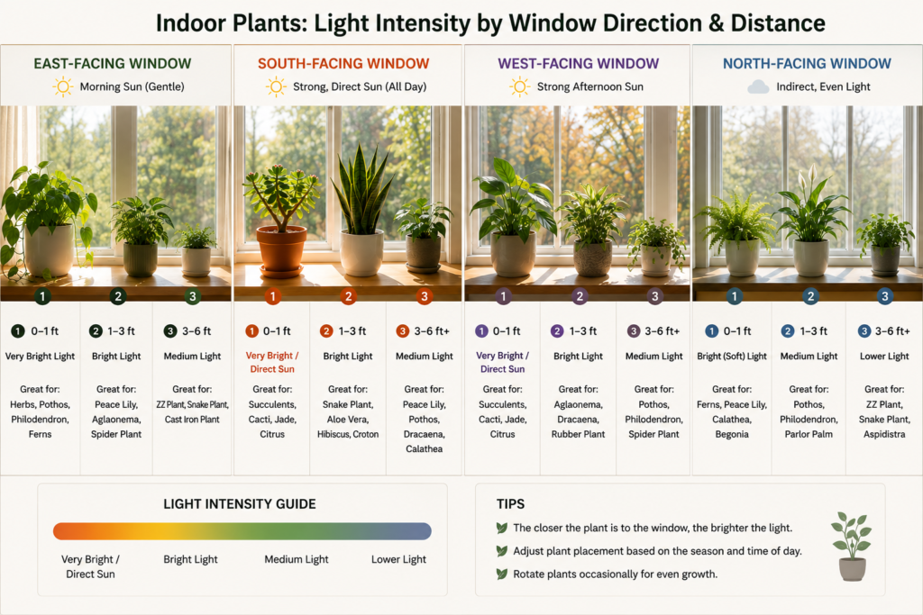 Indoor plants at varying distances from east, south, west, and north-facing windows.
